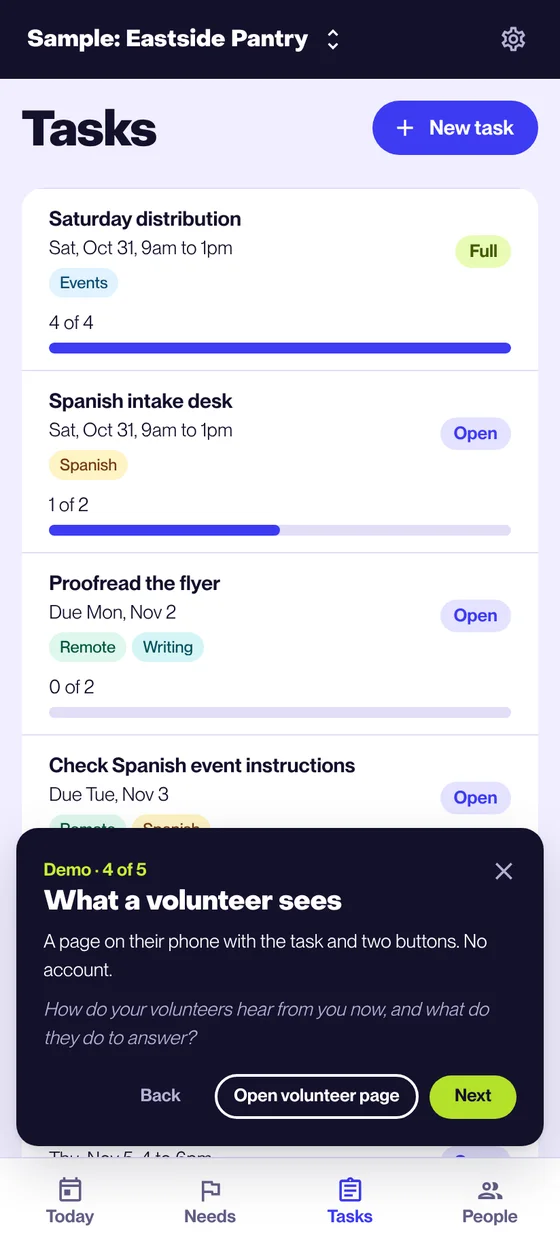 The demo card over the task list on a phone: Demo, 3 of 5, What a volunteer sees. A page on their phone with the task and two buttons, and no account to make. The question asks how the visitor's volunteers hear from them now. Buttons for Back, Open volunteer page, and Next.