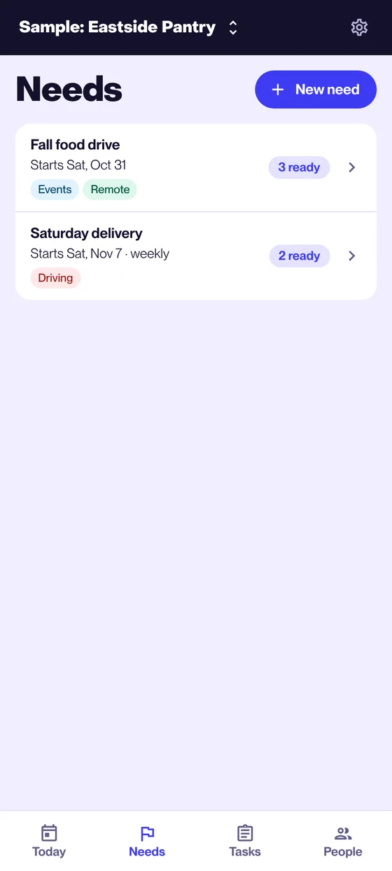 The Needs screen on a phone: Fall food drive and Saturday delivery, each with its assignments and a status.