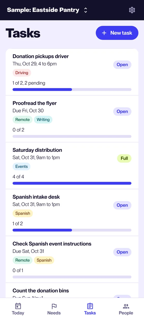 The task list on a phone: Check the event page, due Wednesday, 0 of 1, Draft; Registration desk, Thursday 4 to 6pm, 0 of 2 with 4 pending, Open.