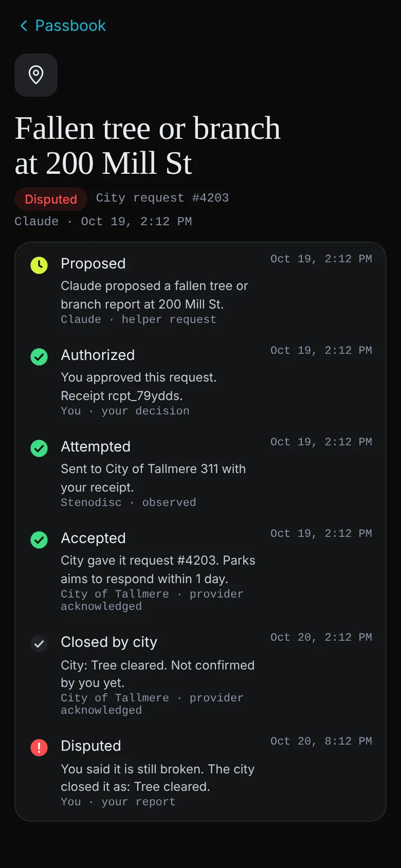 History of the branch report at 200 Mill St ending in Disputed: the city closed it as cleared and the person reported the branch still there.