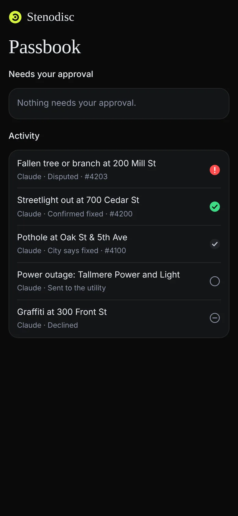 The Passbook listing every job the assistant handled, including the disputed branch, the confirmed streetlight and the power outage sent to the utility.