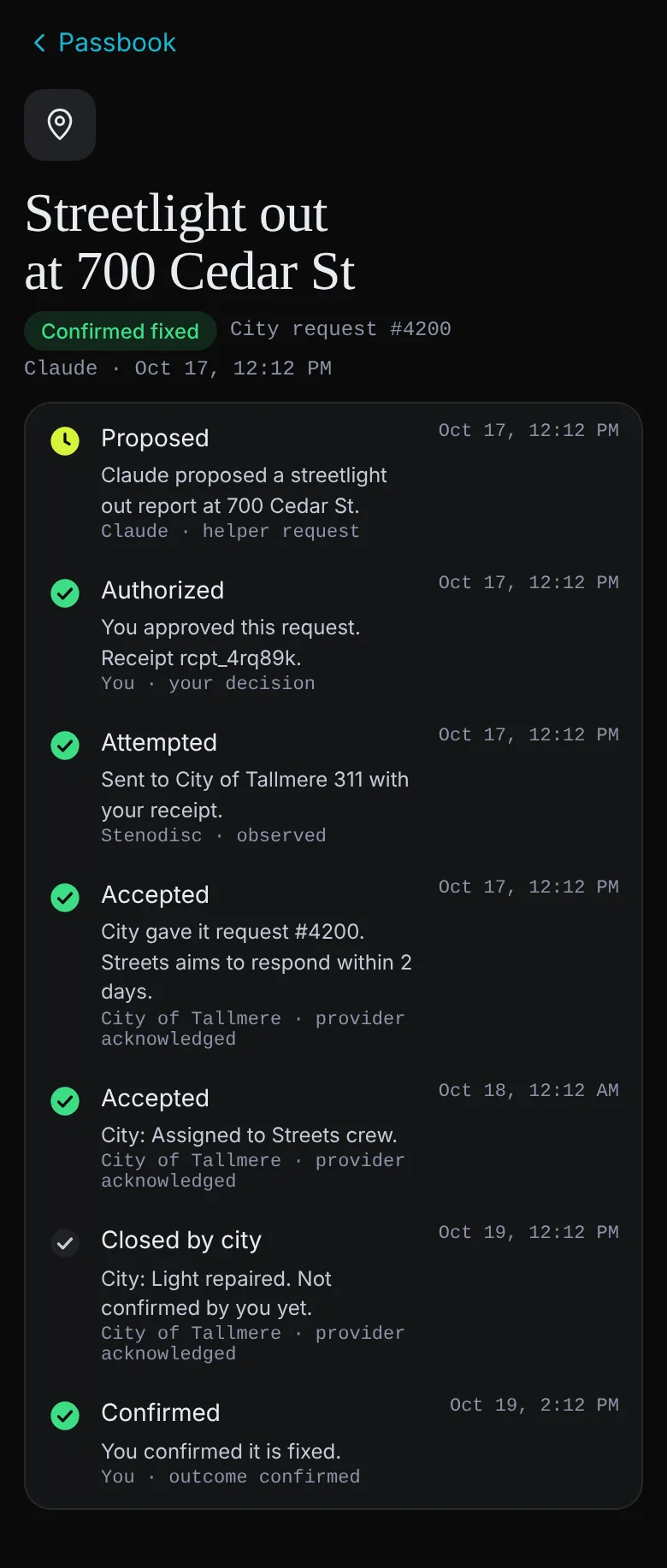 The streetlight report's history, from the assistant's proposal to the resident's confirmation, with the city's report number 4200.